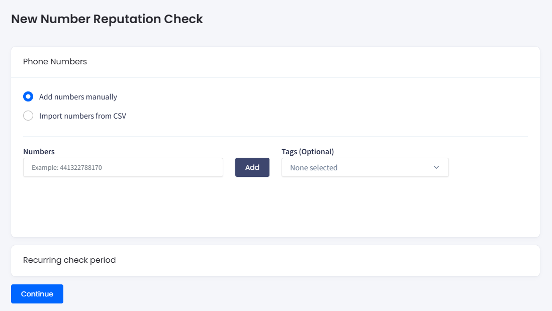 Screenshot of the New Number Reputation Check page