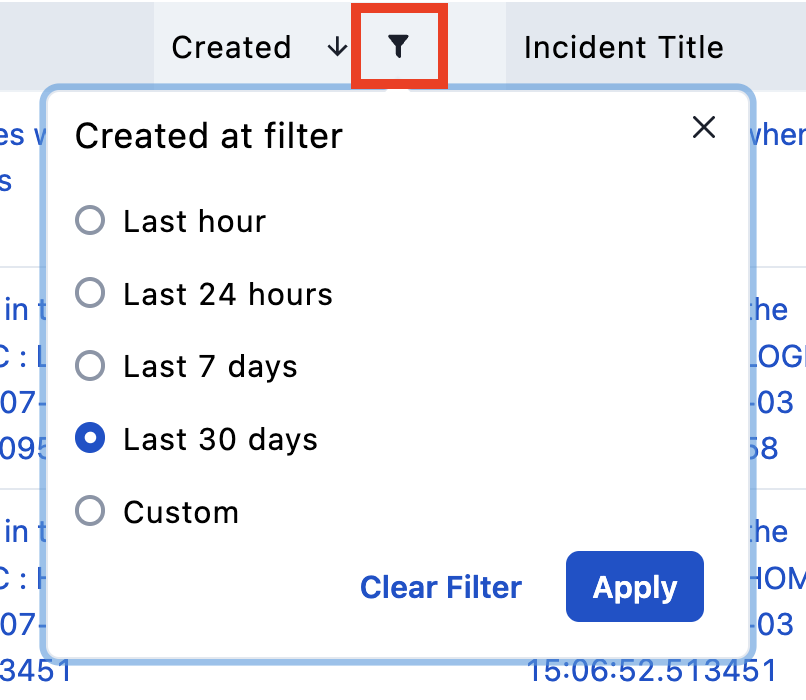 An image depicting the filter icon on the "Created" column