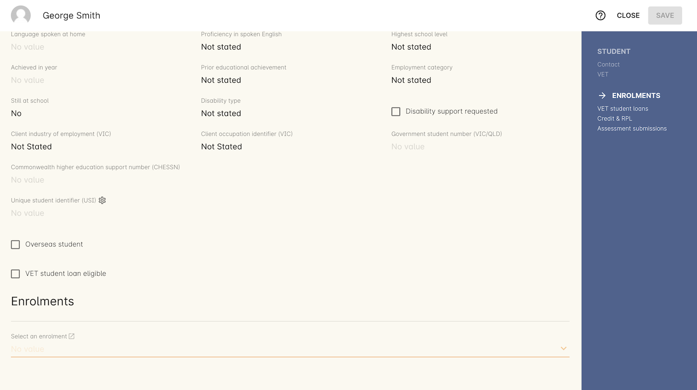 Figure 466. Select an enrolment from the drop-down box below the Enrolments heading