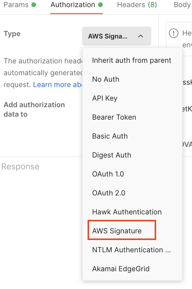 Option for authorization to call AWS API Gateway resources in Postman