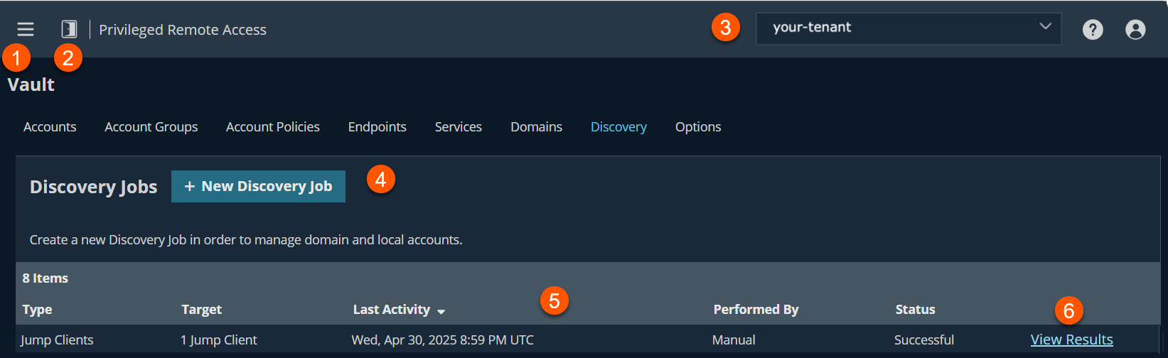 Screenshot of the Privileged Remote Access interface showing the Vault section with navigation options including Accounts, Account Groups, Account Policies, Endpoints, Services, Domains, Discovery, and Options. The Discovery Jobs tab is active, displaying a button to create a new discovery job and a table listing one job for Jump Clients.