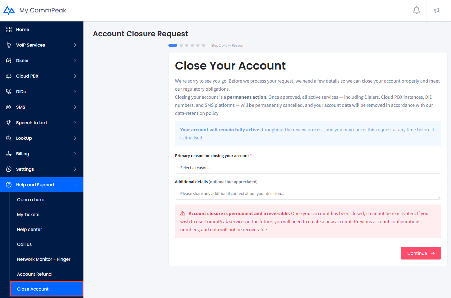 Screenshot of the Help and Support > Close Account menu tab