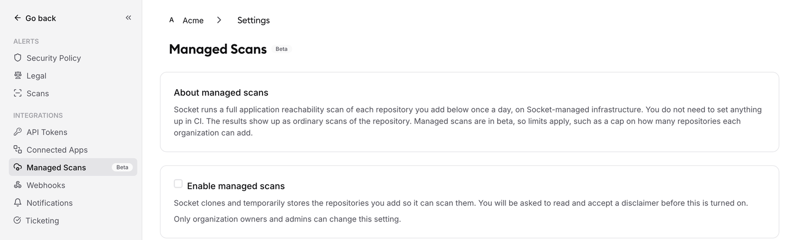 The Managed Scans settings page before opting in