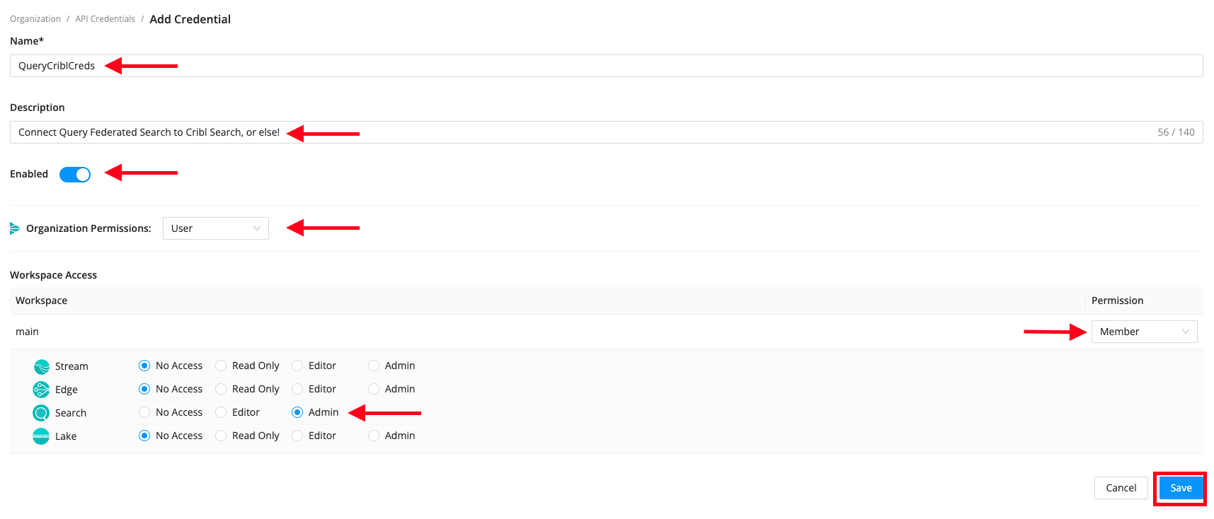 FIG. 3 - Configure the Cribl API Credential