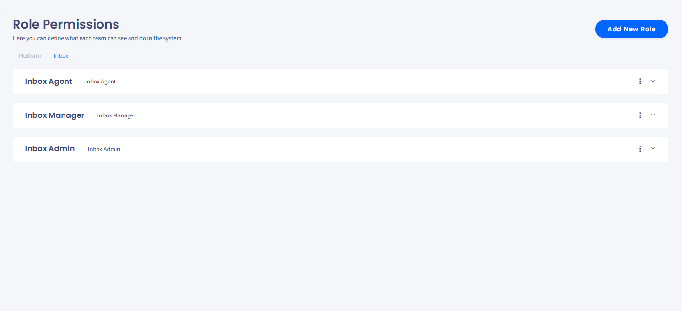 Screenshot of the 'Role Permissions' page with the inbox role permissions: 'Inbox Agent', 'Inbox Manager', 'Inbox Admin' and the Add New Role button.