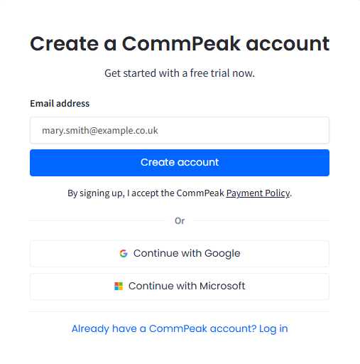 Screenshot with the Create a CommPeak account form