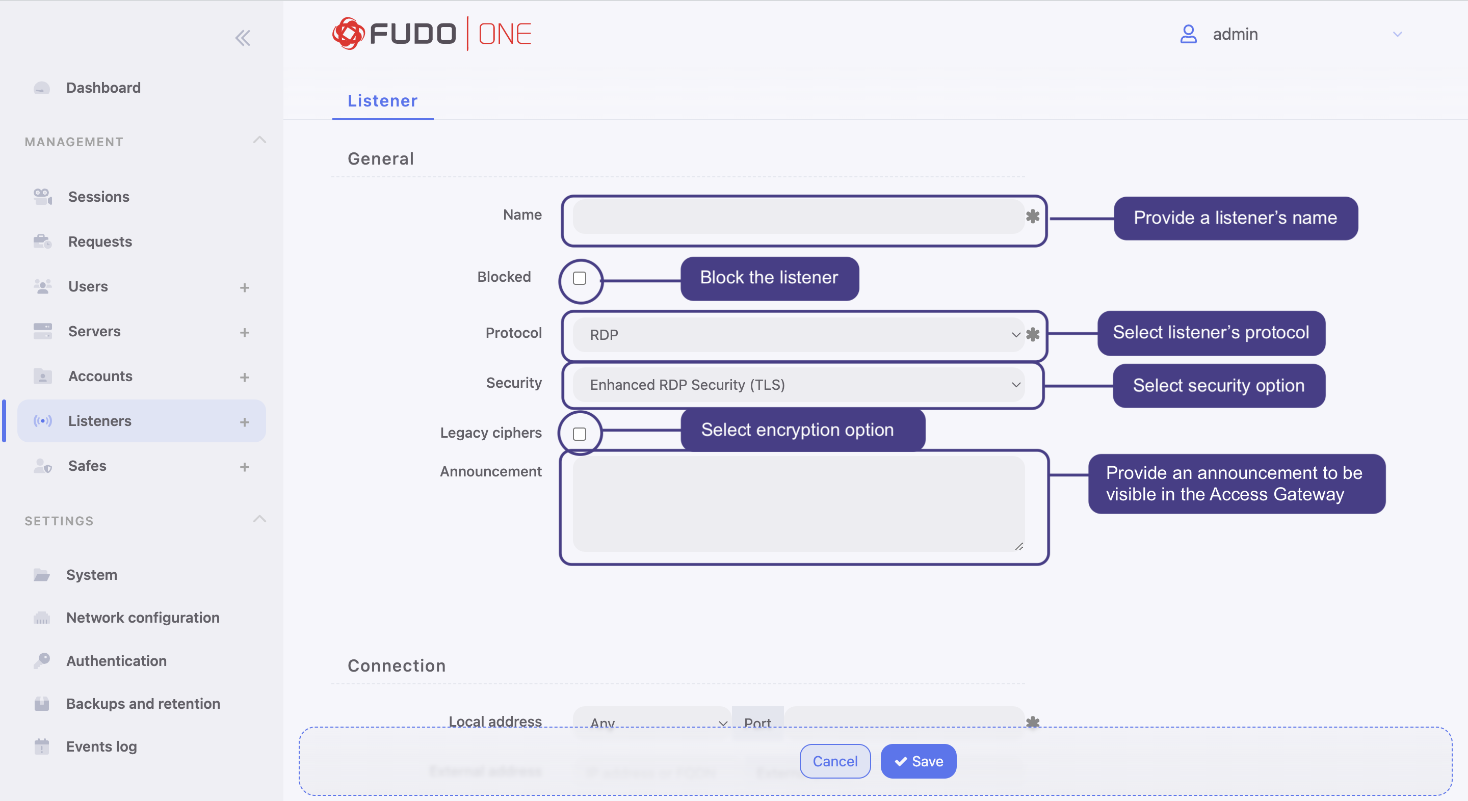 General settings of RDP listener