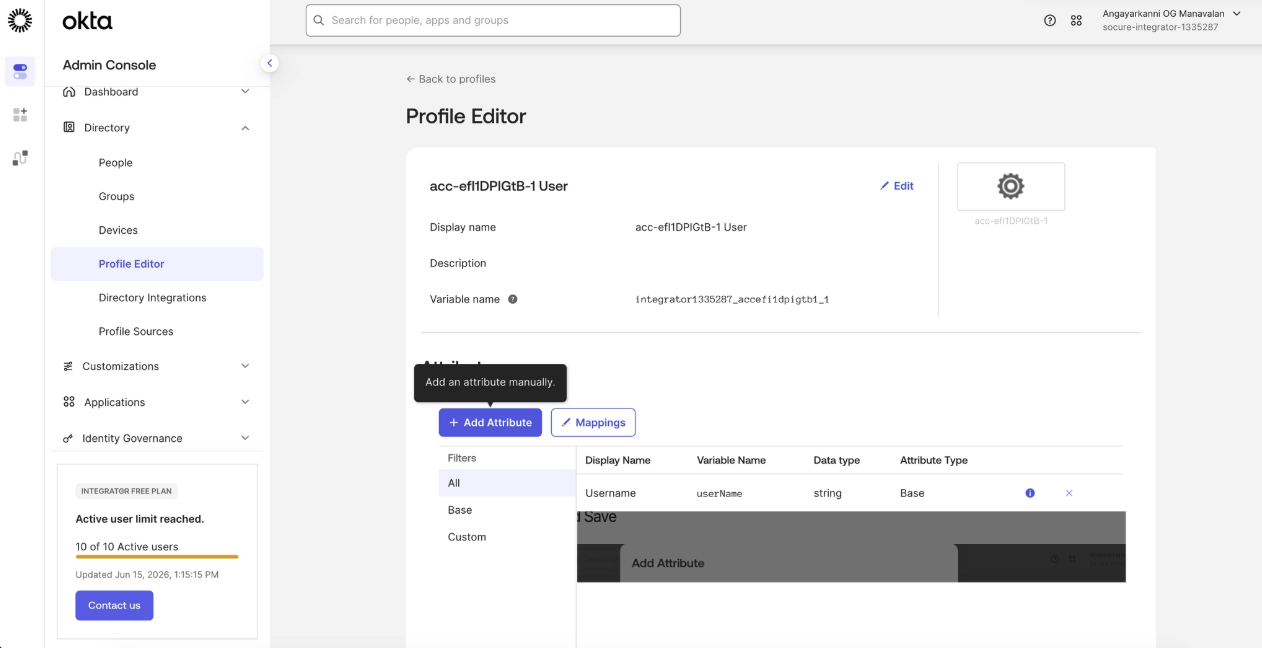 Okta Add Attribute form configuring the RoleName attribute as a string array enum