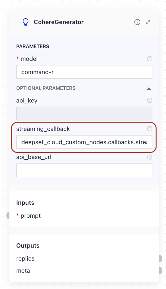 CohereGenerator with the streaming_callback parameter filled in to enable streaming