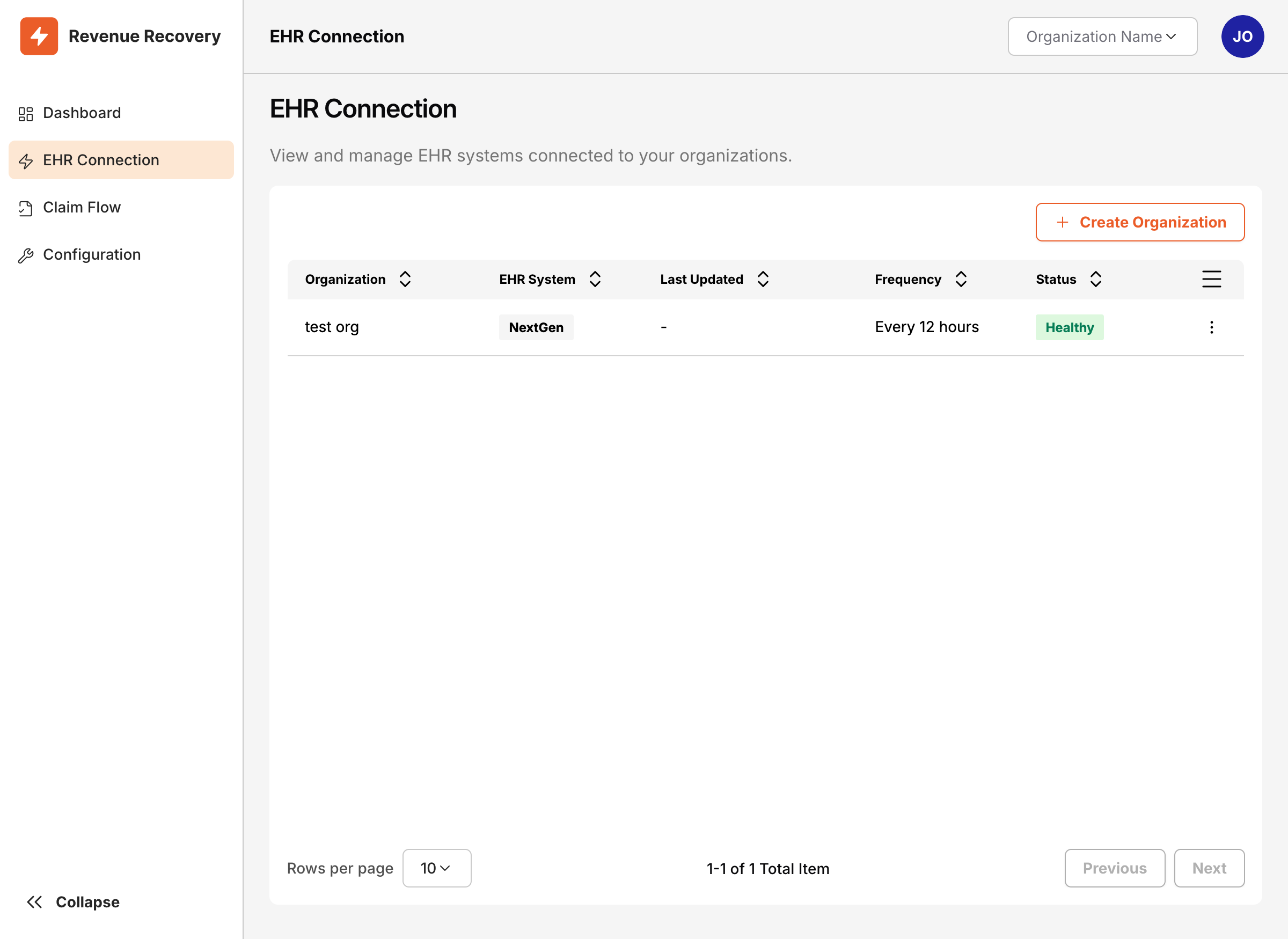 EHR Connection main page showing the Create Organization button