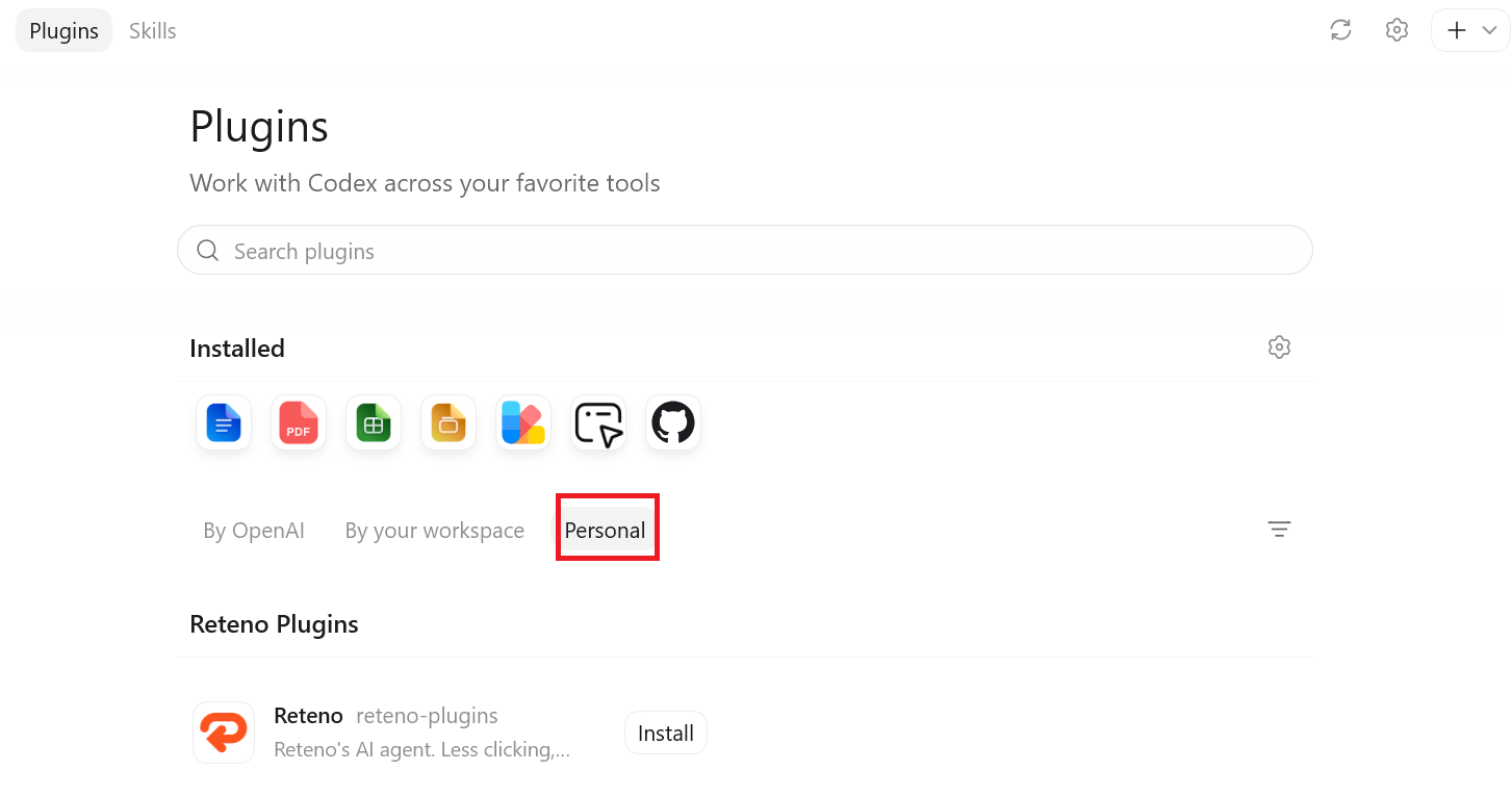 Installing the Reteno plugin in the Personal tab in Codex