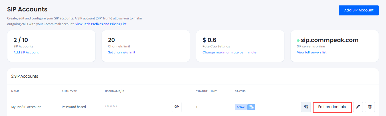 Screenshot of the SIP account data with Edit credentials button