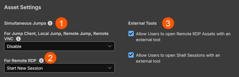 An image of the Asset Settings configuration page. The settings include options for Simultanous connections, and specific configurations for Jump Client, Local Jump, Remote Jump, and Remote VNC (set to "Disallow Jump"), as well as Remote RDP (set to "Start New Session"). The page also includes External Tools settings with checkboxes for allowing users to open Remote RDP Assets and Shell Sessions using an external tool.