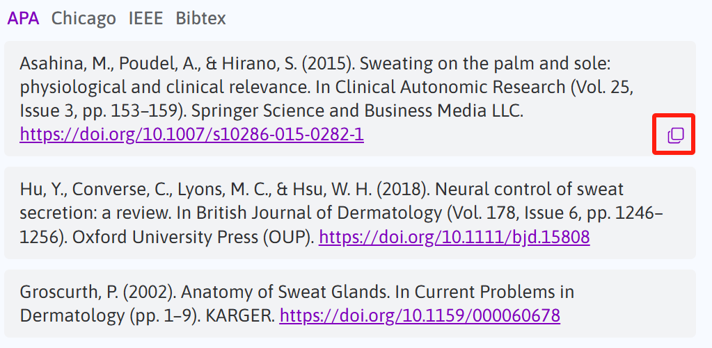 The clipboard icon appears at the bottom right corner of the individual references when hovered.
