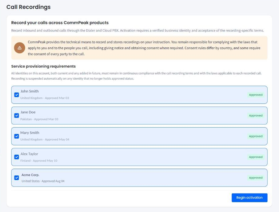 Screenshot of the activation screen listing approved identities