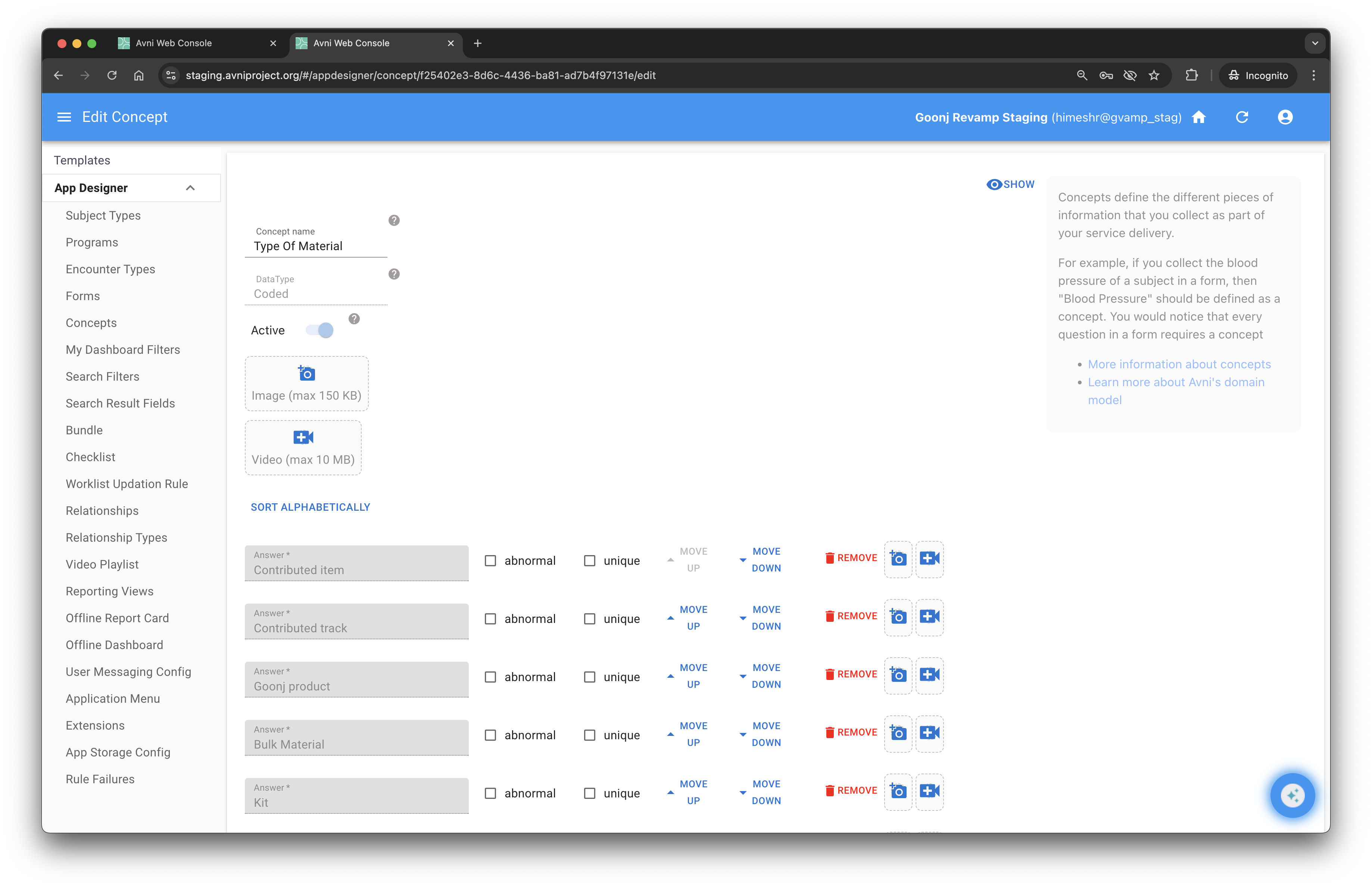 App Designer showing media-enabled concepts integrated into form questions and answer options