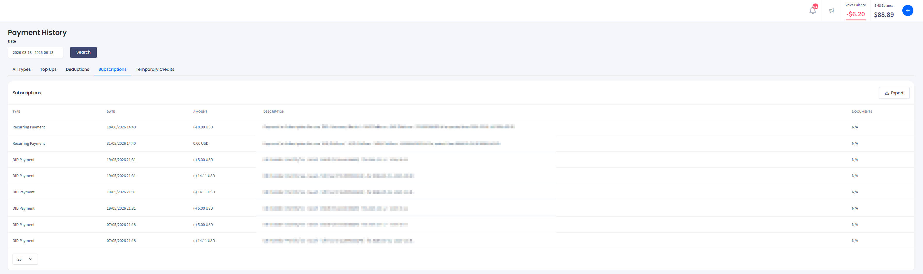 Screenshot of the Subscriptions tab