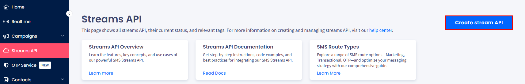 Screenshot of the Create Stream API button