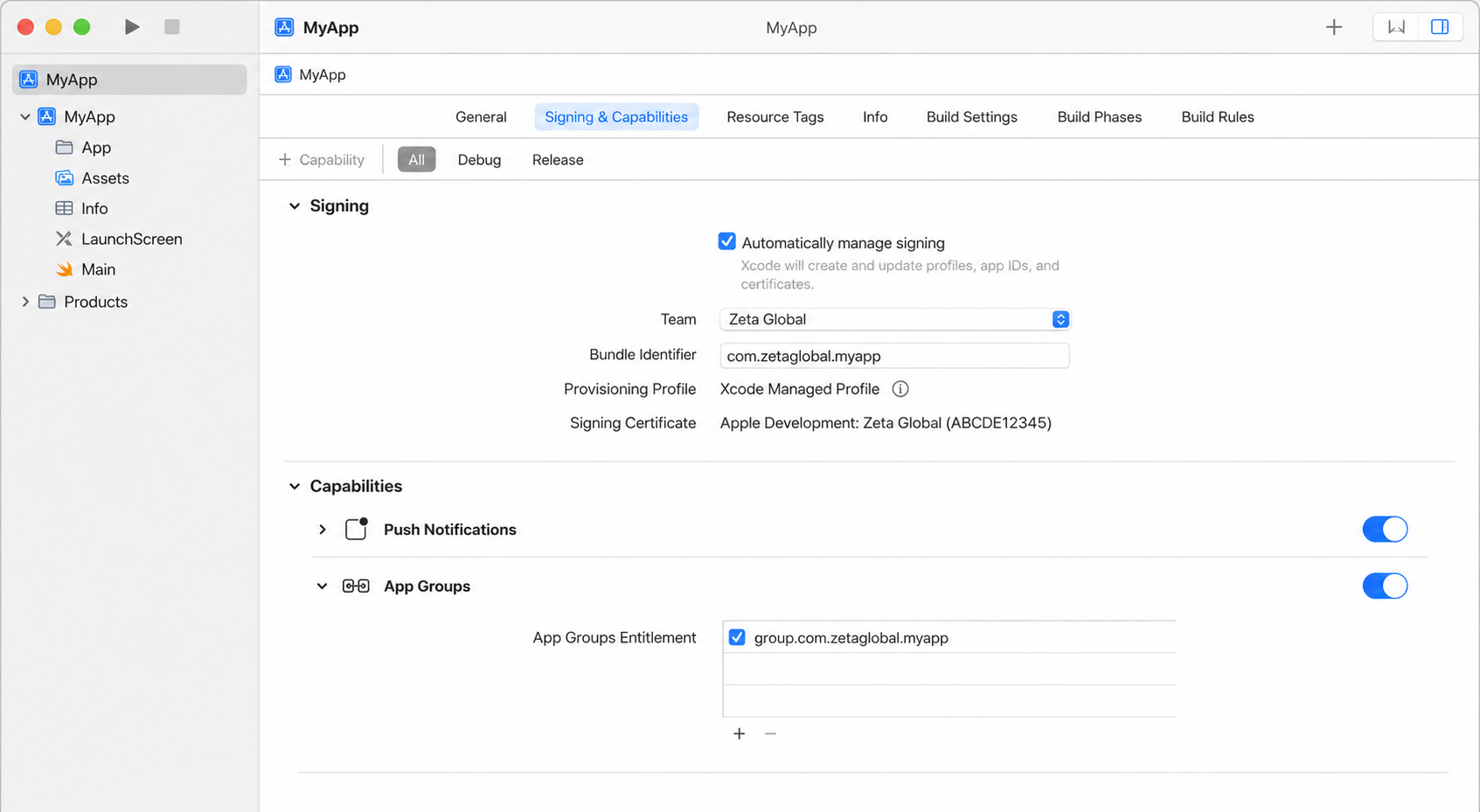 Xcode Signing & Capabilities tab with the Push Notifications capability added and App Groups entitlement enabled