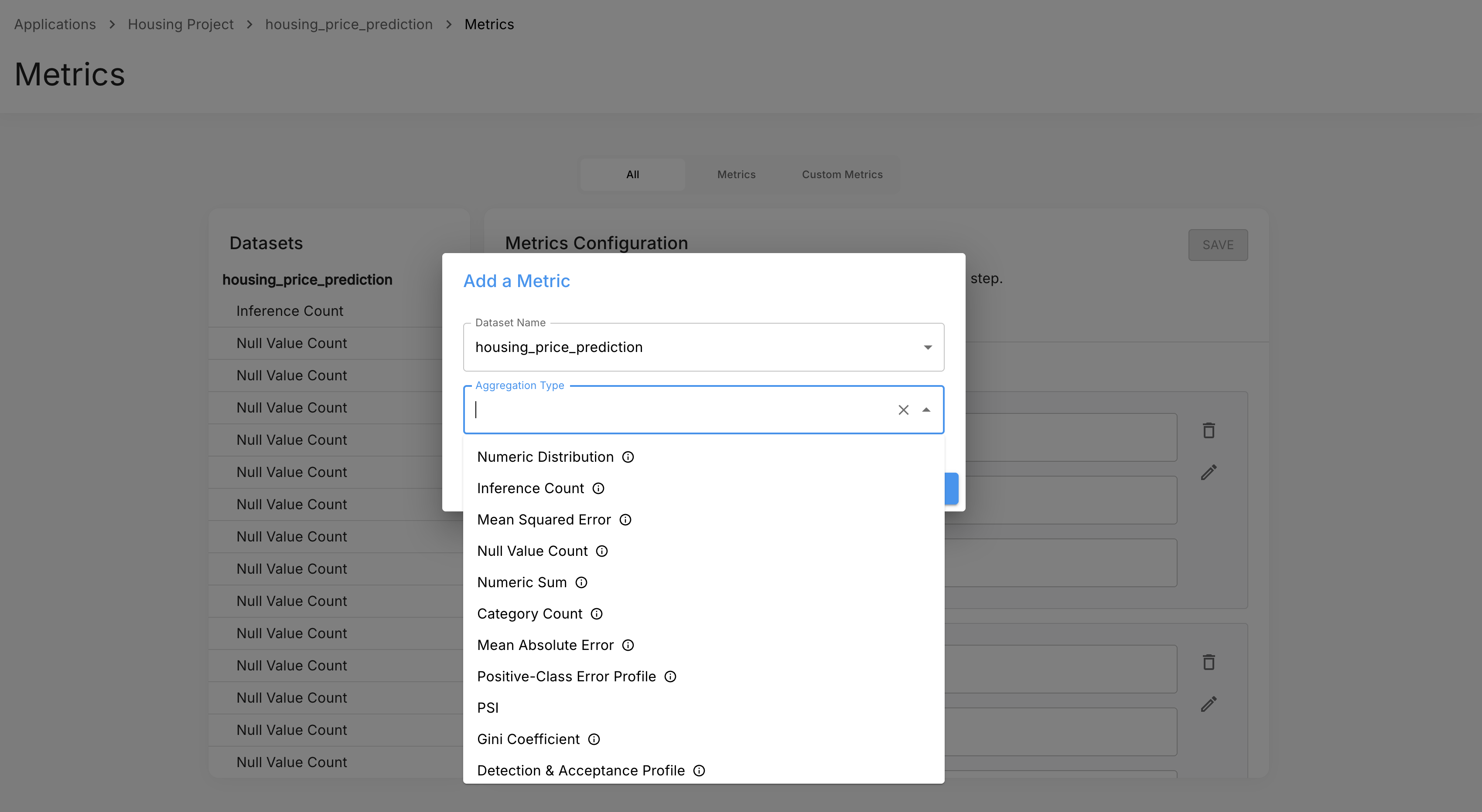 Add a Metric modal showing available aggregation types