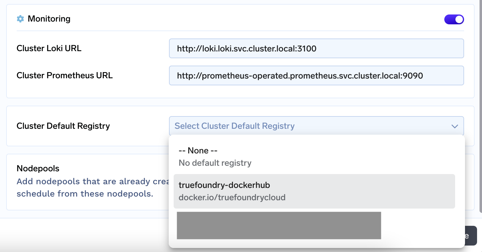 Choose a default registry for the cluster from the form
