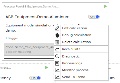 Menu that opens when right clicking a calculation