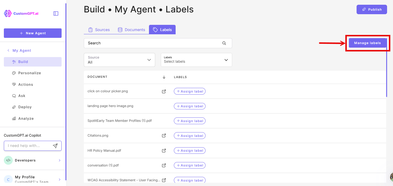 Manage labels button on the Labels tab