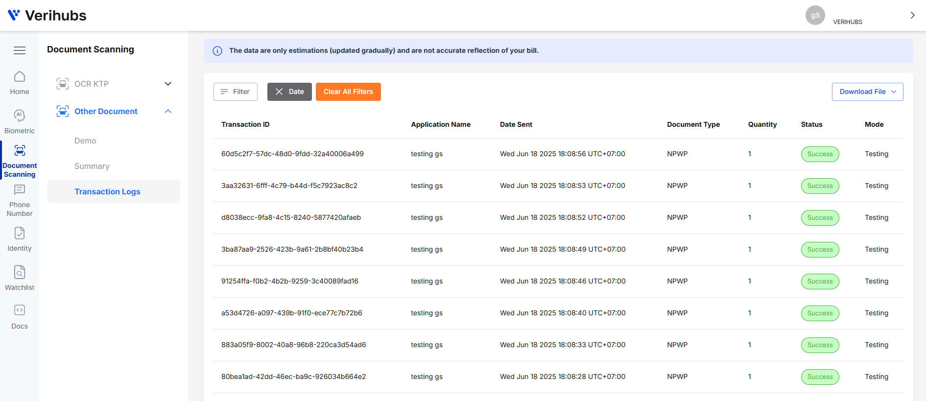 Transaction Log for OCR Document