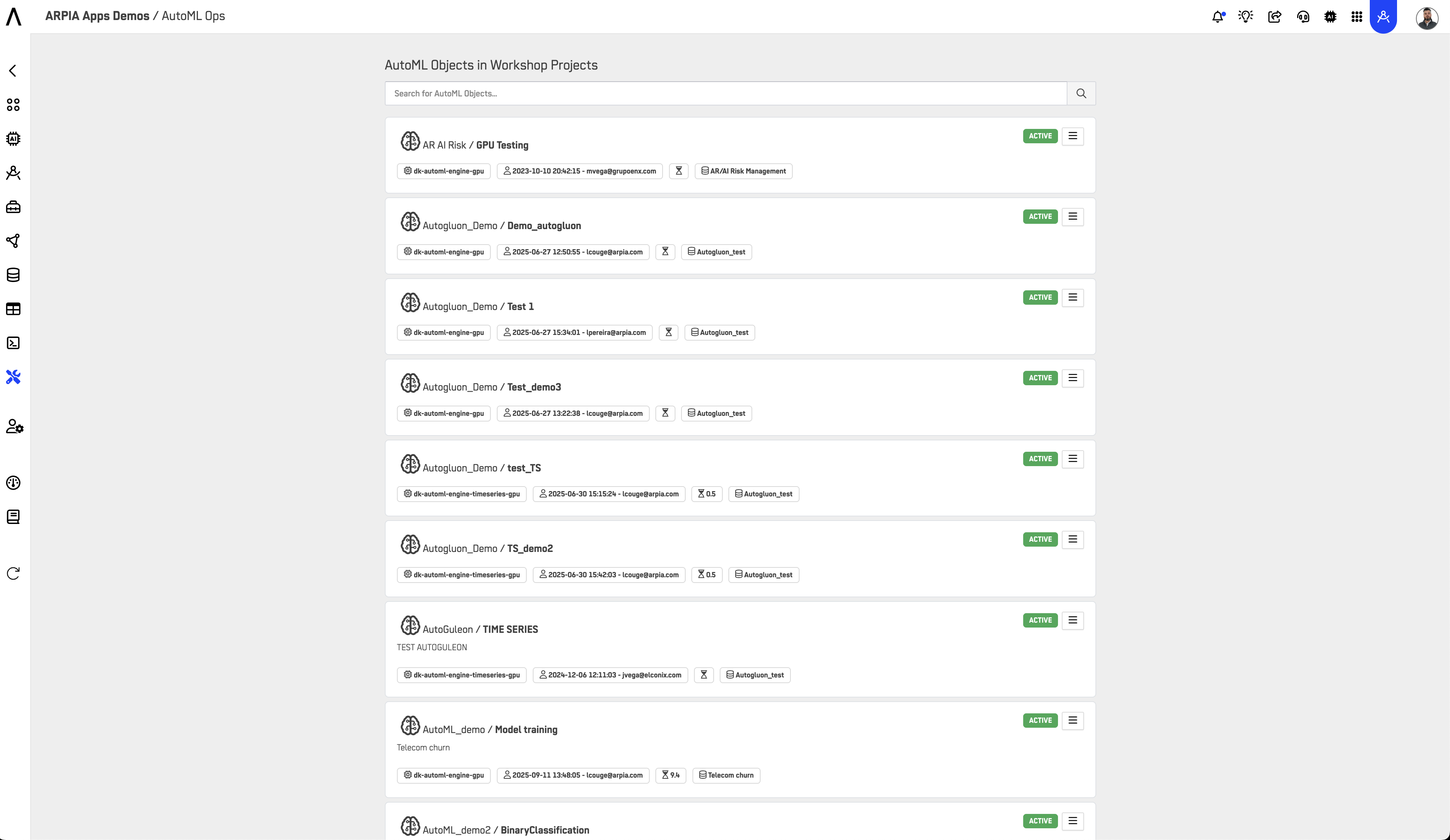 MLOps Dashboard - List of AutoML Objects