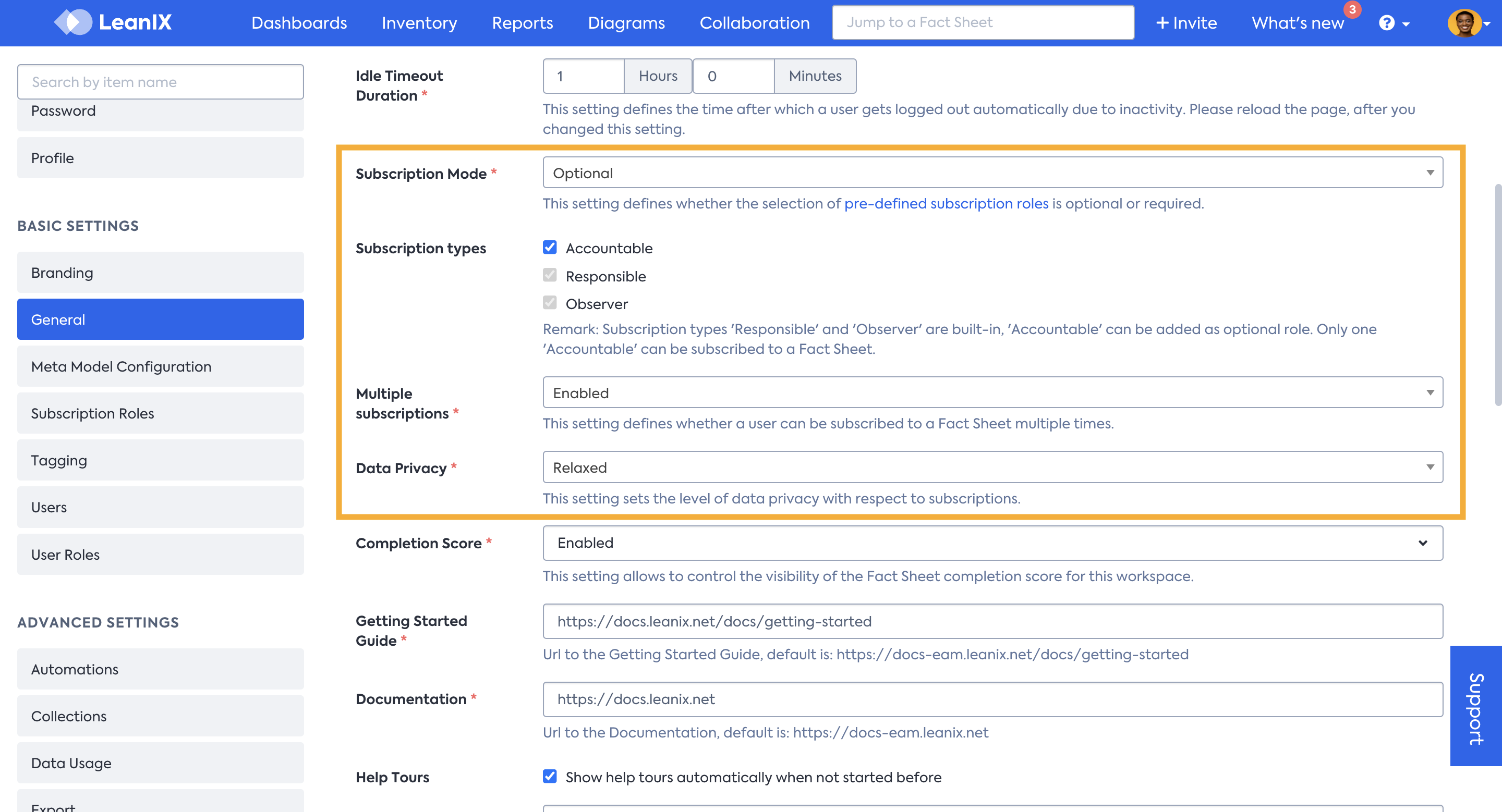 Managing Subscription Types in Settings