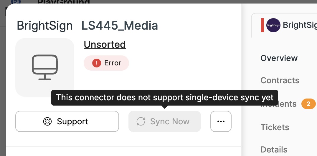 Sync now on an unsupported connector A greyed out Sync now button with the tooltip explaining the connector does not support single-device sync yet