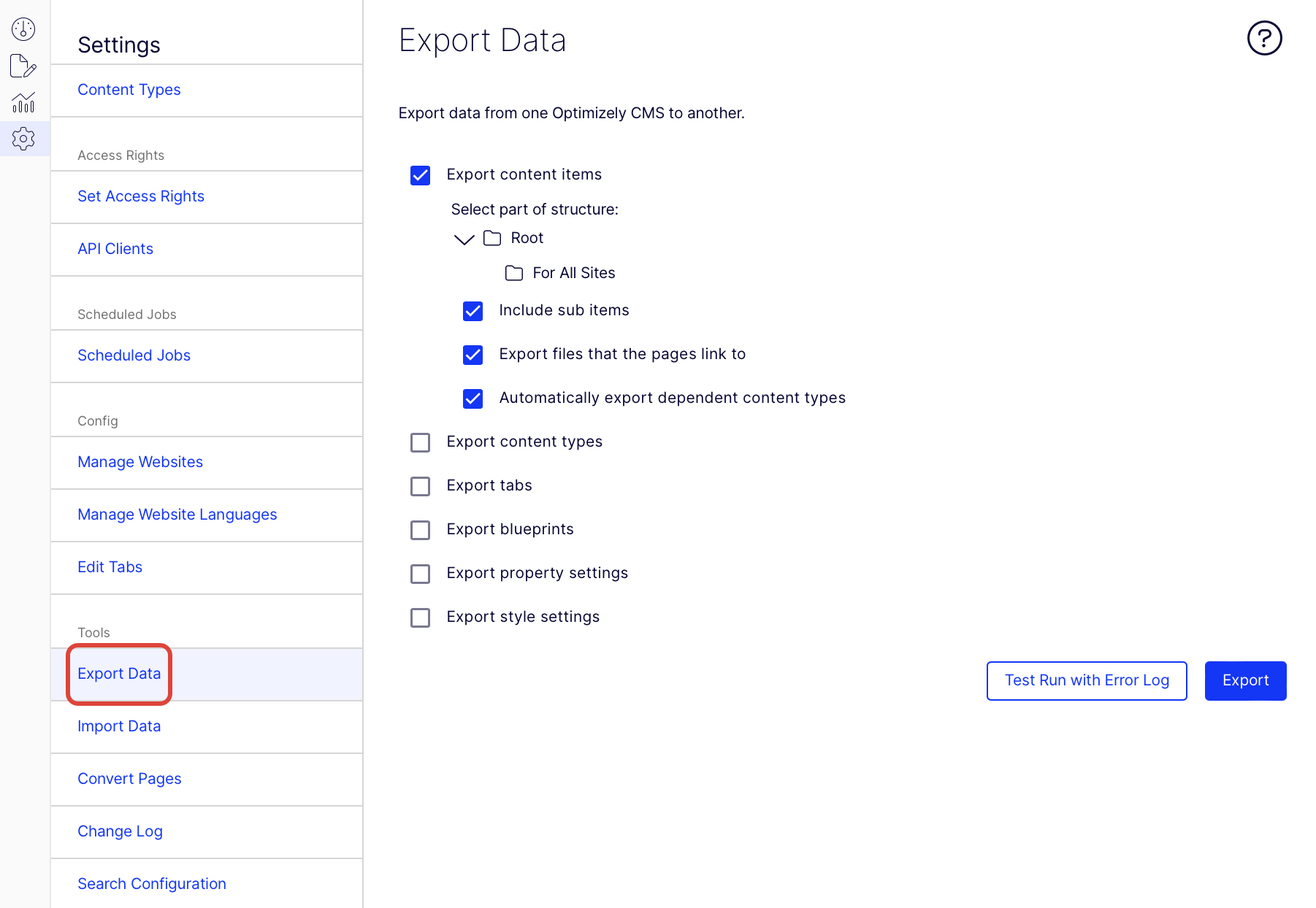 Export data page