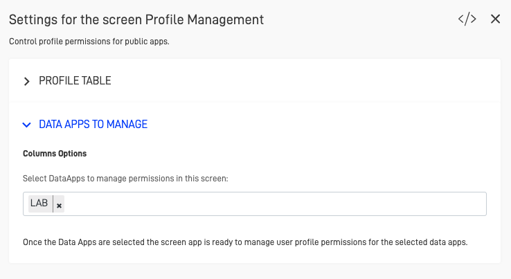 Data Apps to Manage settings screen