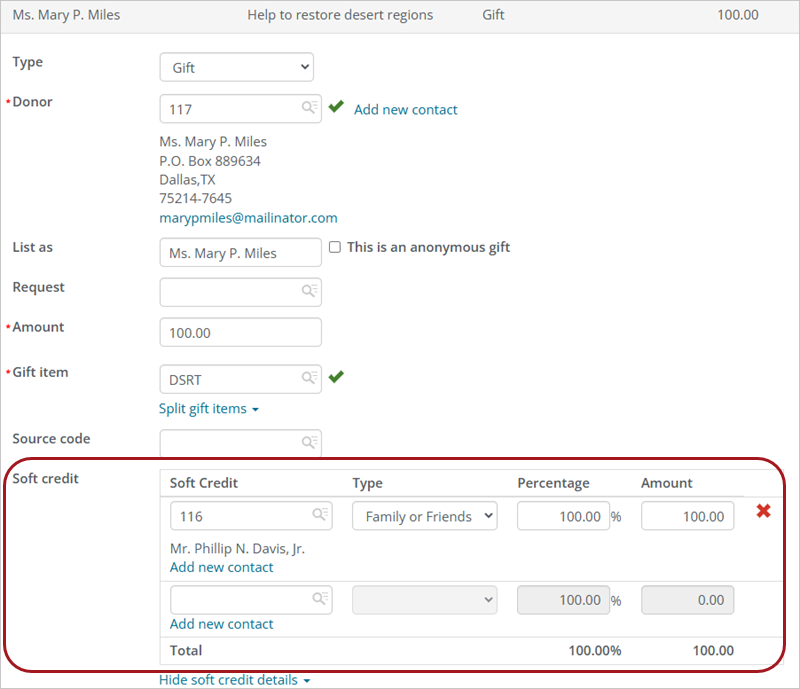 Enter gifts window with box around soft credit options
