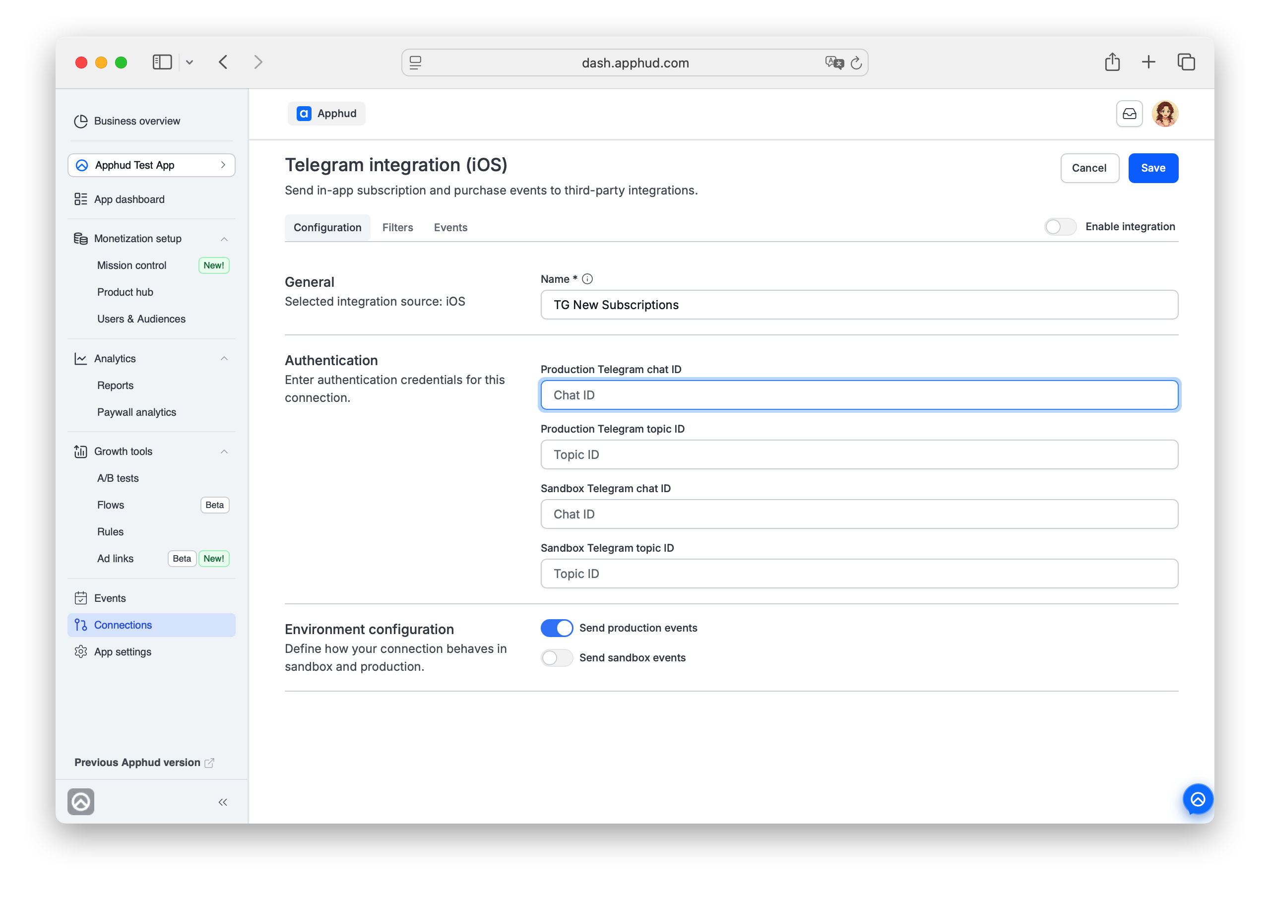 Apphud - Telegram integration settings