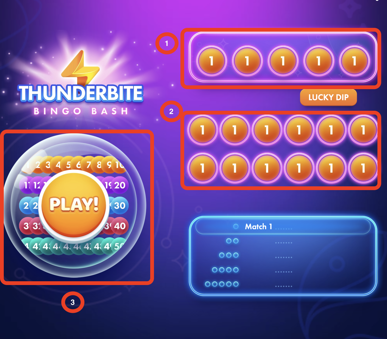 The three areas of the Bingo Bash game modified in this use case: (1) Player Selection, (2) Draw Result, and (3) the total number pool.