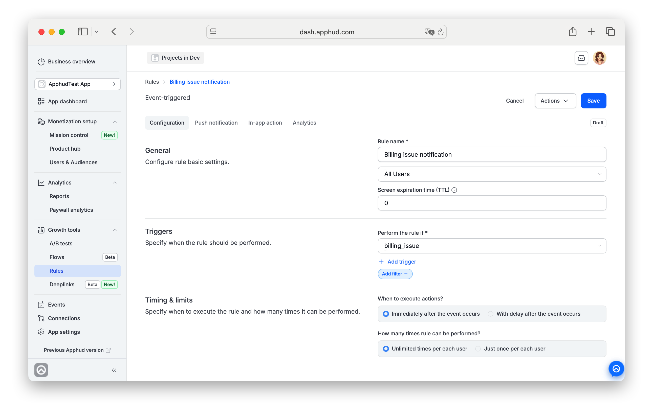 Apphud - Billing issue notification Rule template
