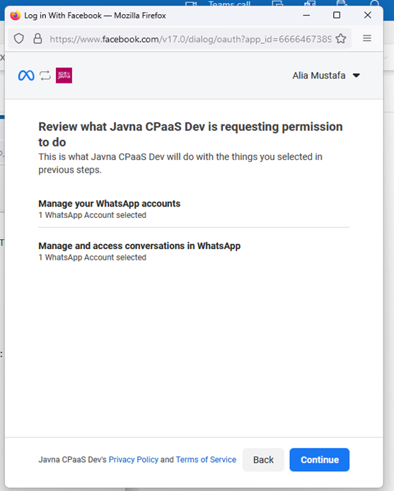 Figure 21: Approving the permissions requested by javna cpaas.