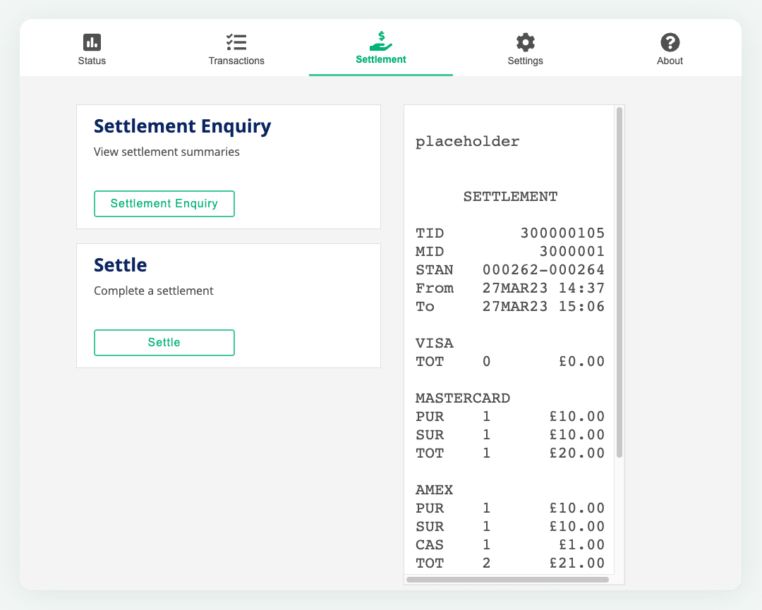 Screenshot of a Settlement enquiry in Spice.