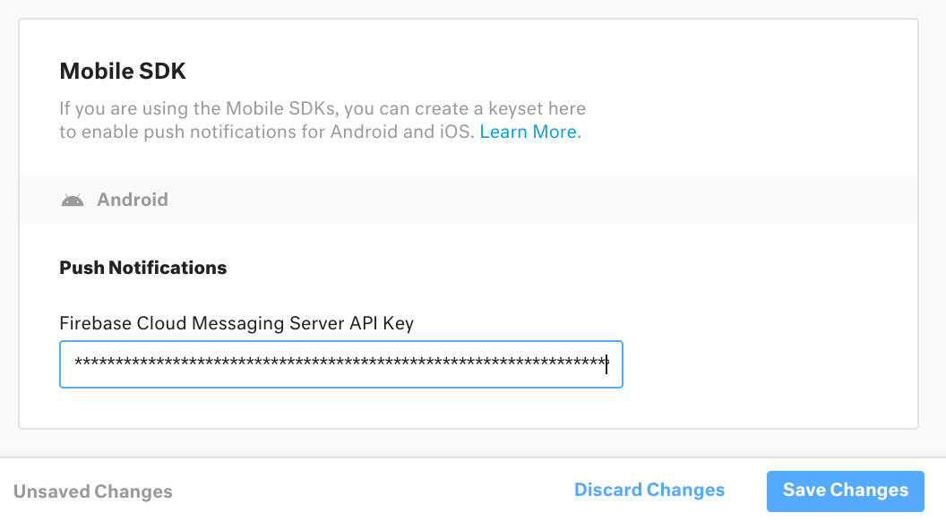 Enter your FCM server key to configure your Android push notification settings in Kustomer.