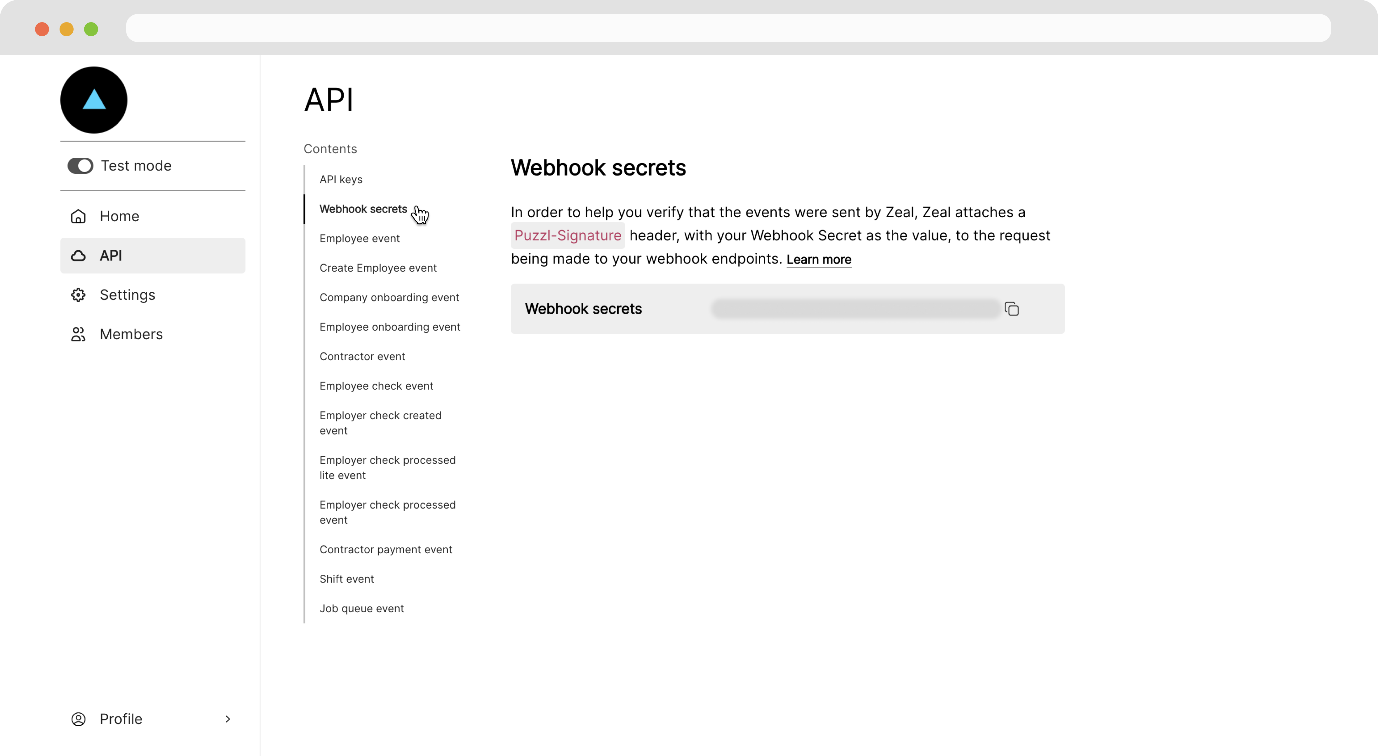 view webhook secrets under the api page