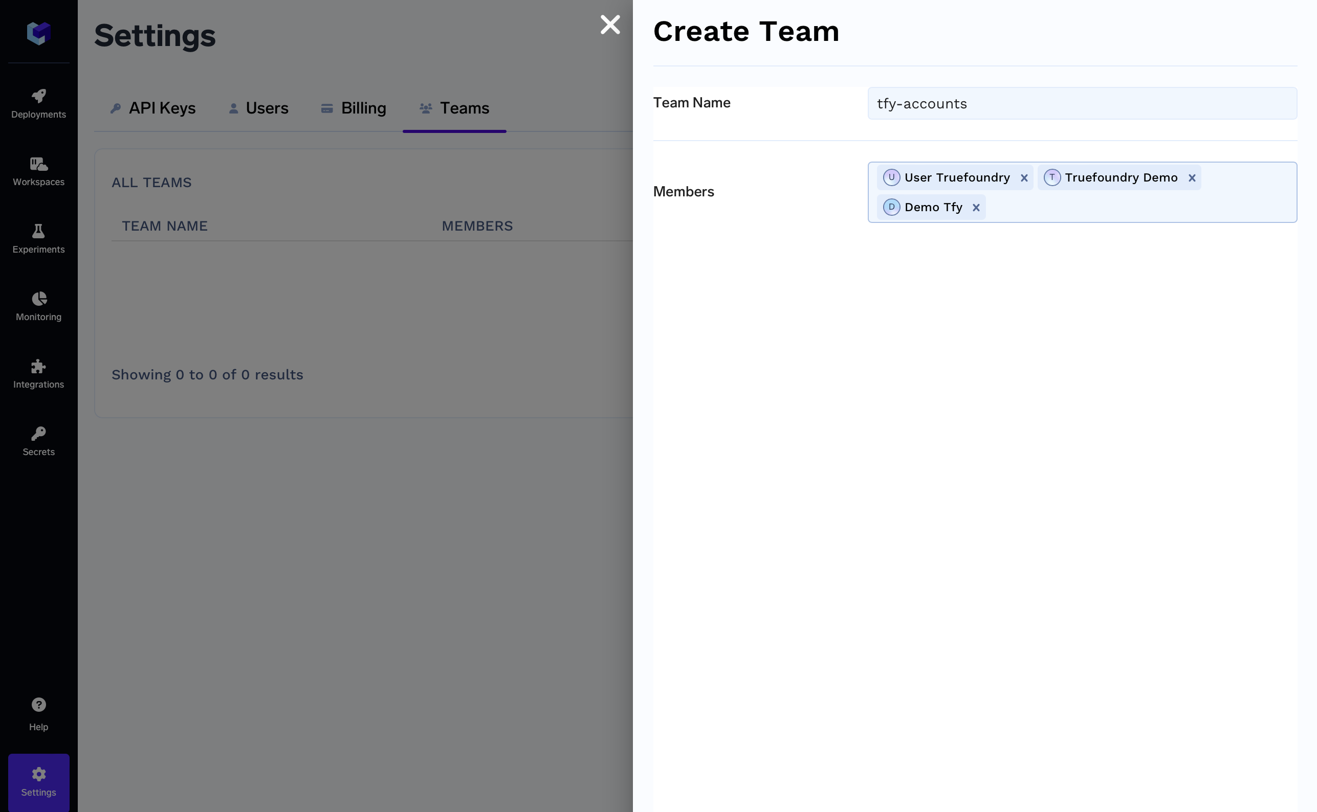 Team creation page