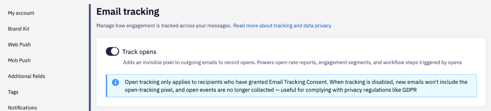 The open-tracking toggle in settings
