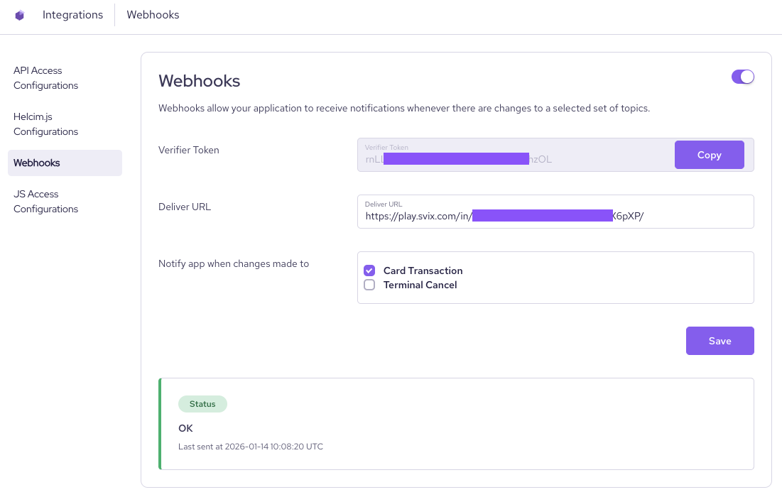 Screenshot showing the webhook UI for the Helcim platform