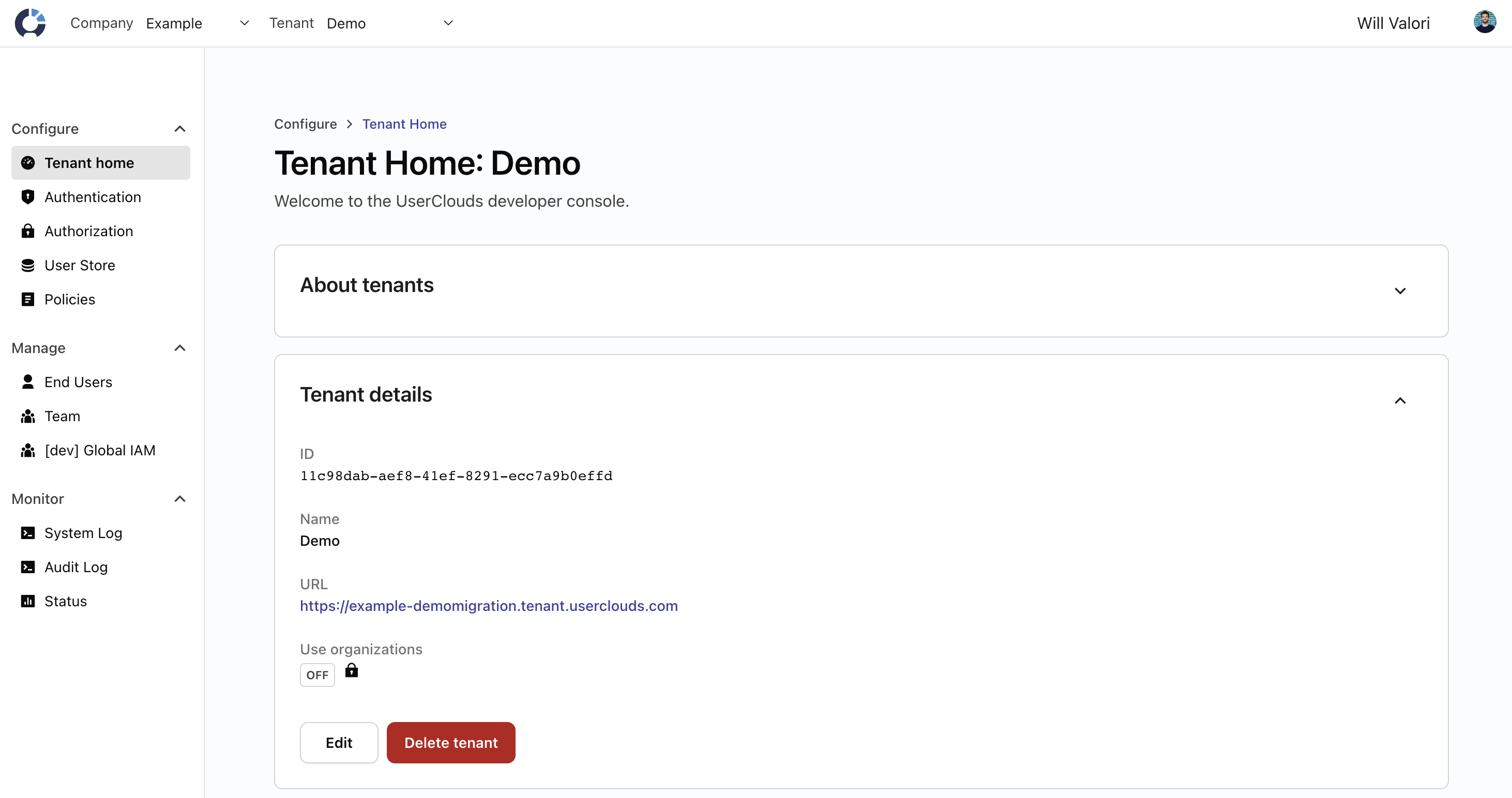 After creating your company, select your tenant from the top nav and copy the URL from the "Tenant Details" card.