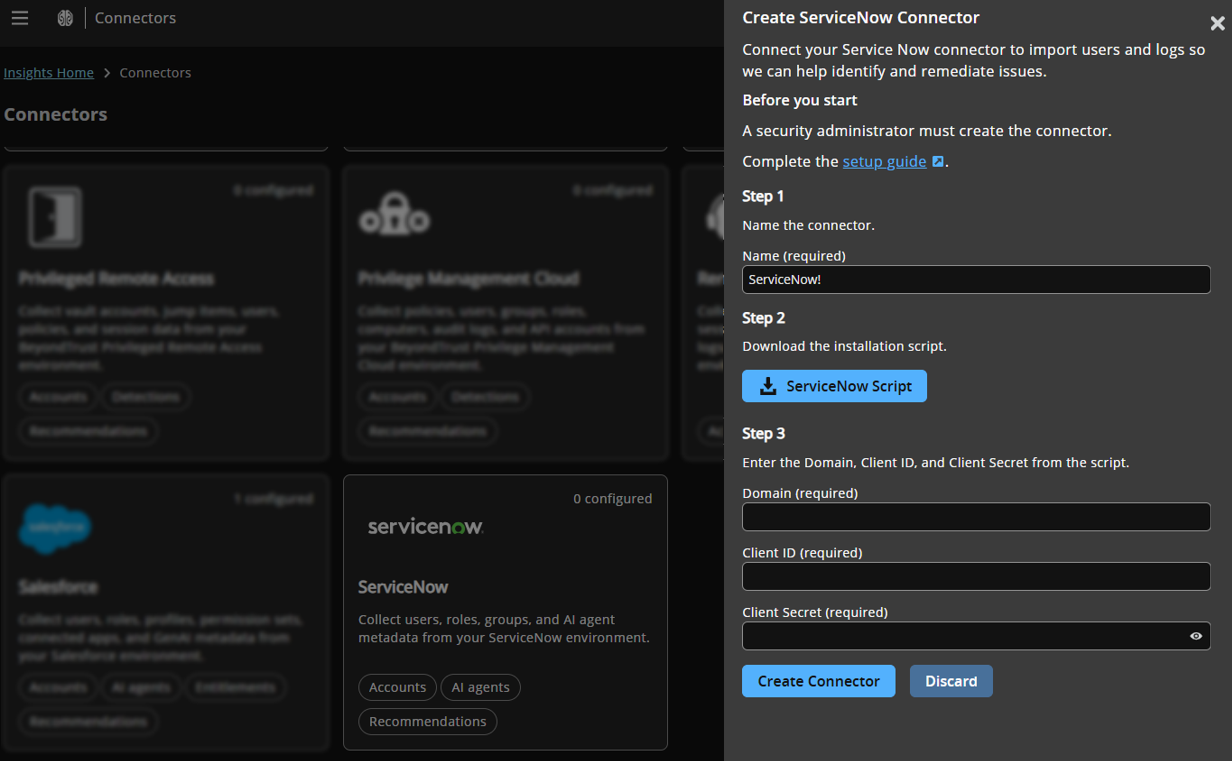 ServiceNow connector settings