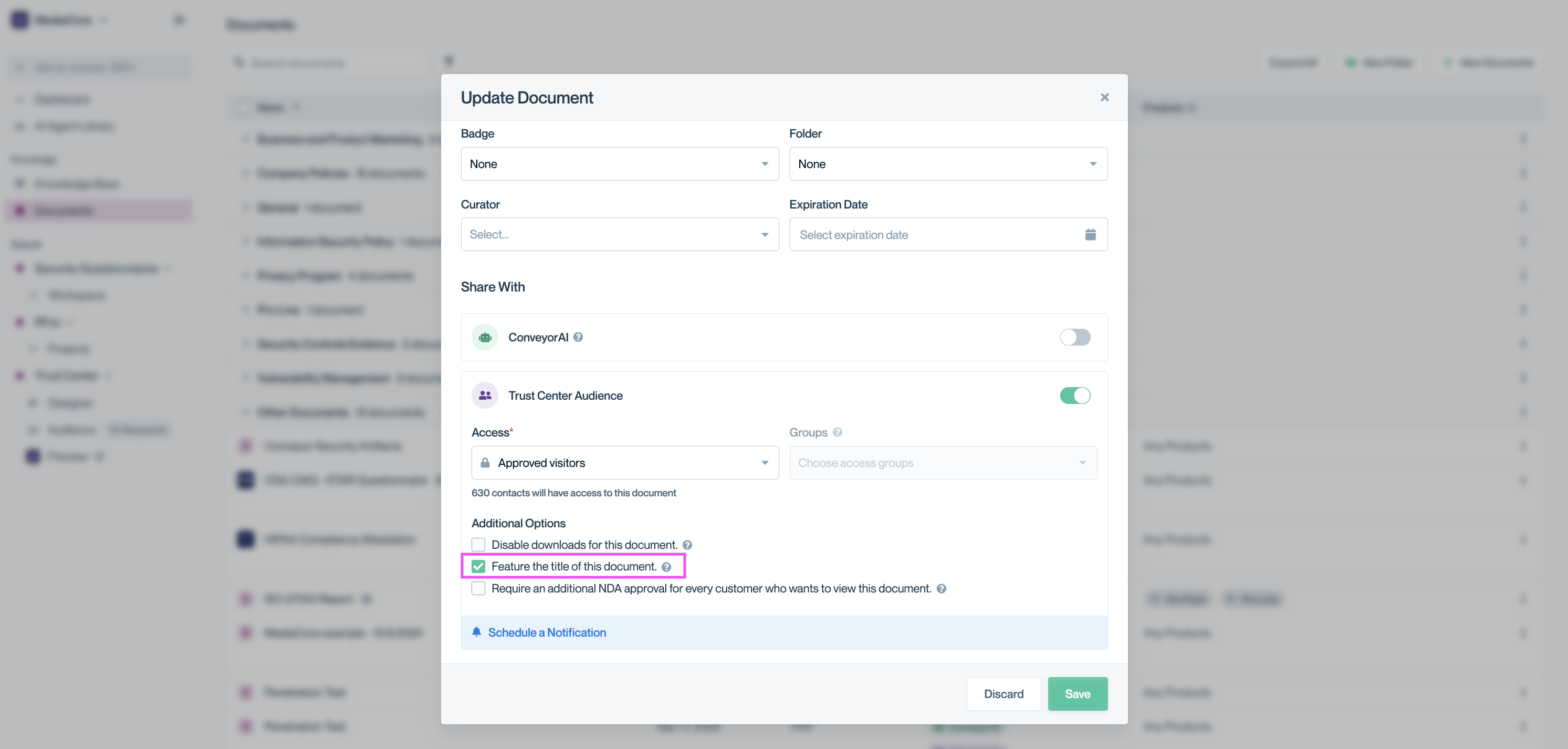 Update Document modal showing the option to feature a document.