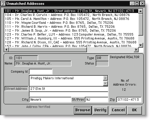 Unmatched Addresses window.