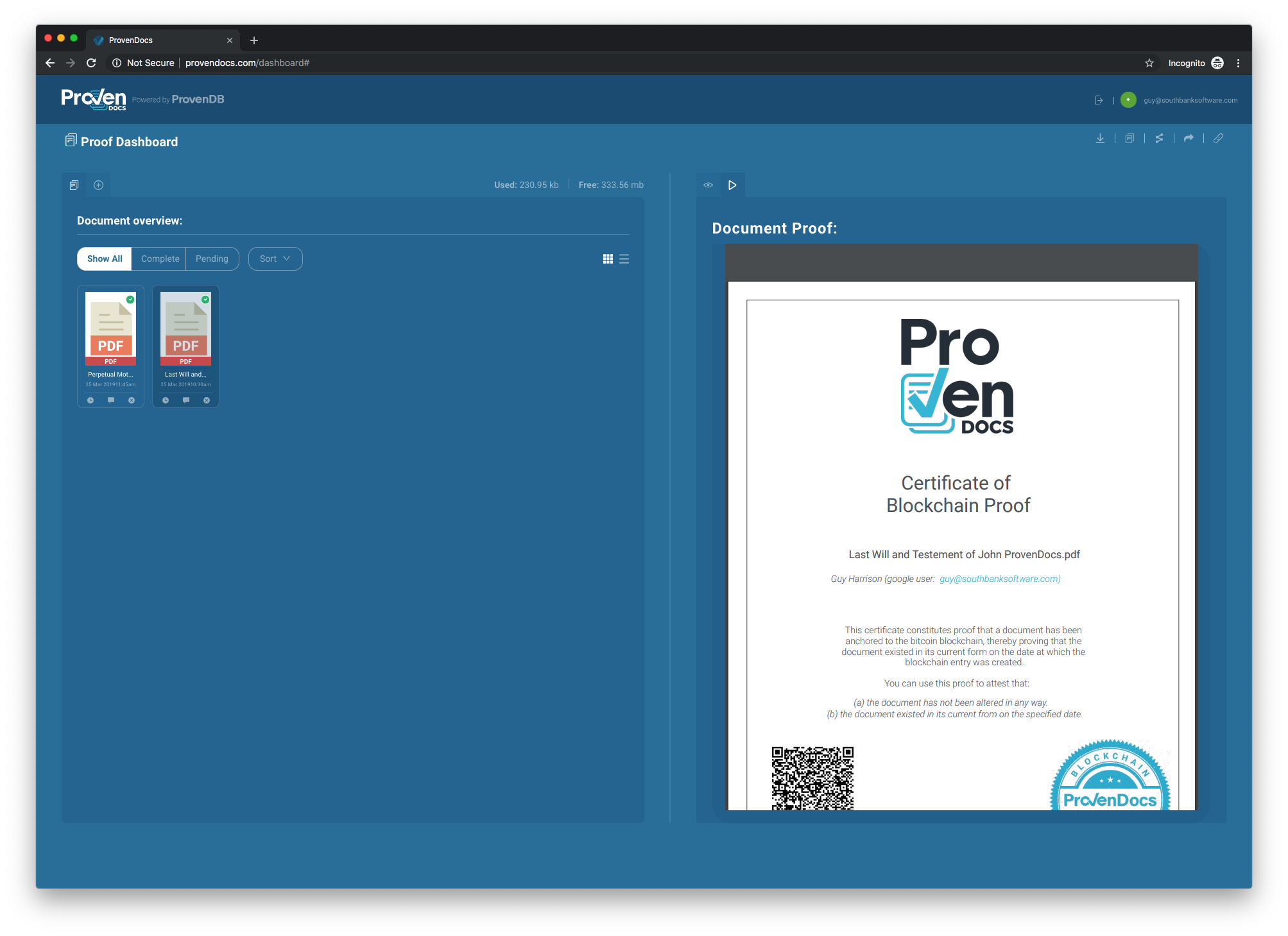 ProvenDB proof certificate