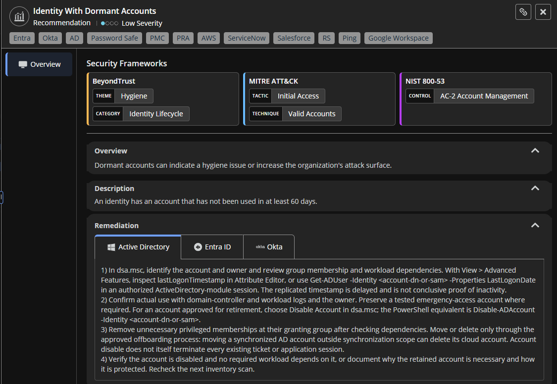 Recommendation side panel showing remediation steps on Active Directory, Entra ID, and Okta tabs for dormant accounts